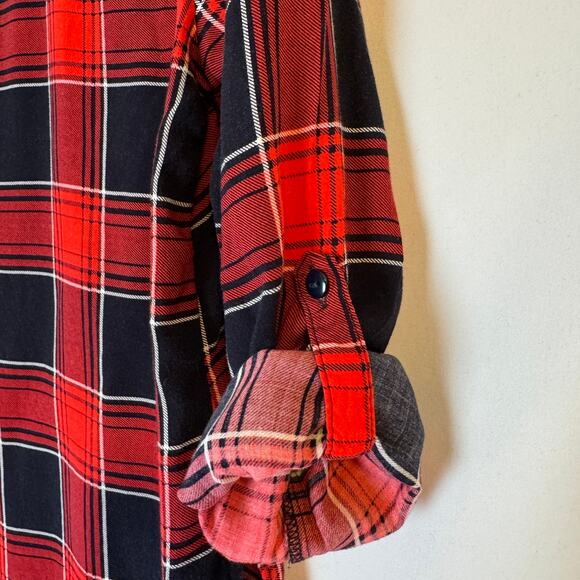 Love Notes Plaid Red Black White Tab Sleeve Shirt Size Small - Picture 6 of 11